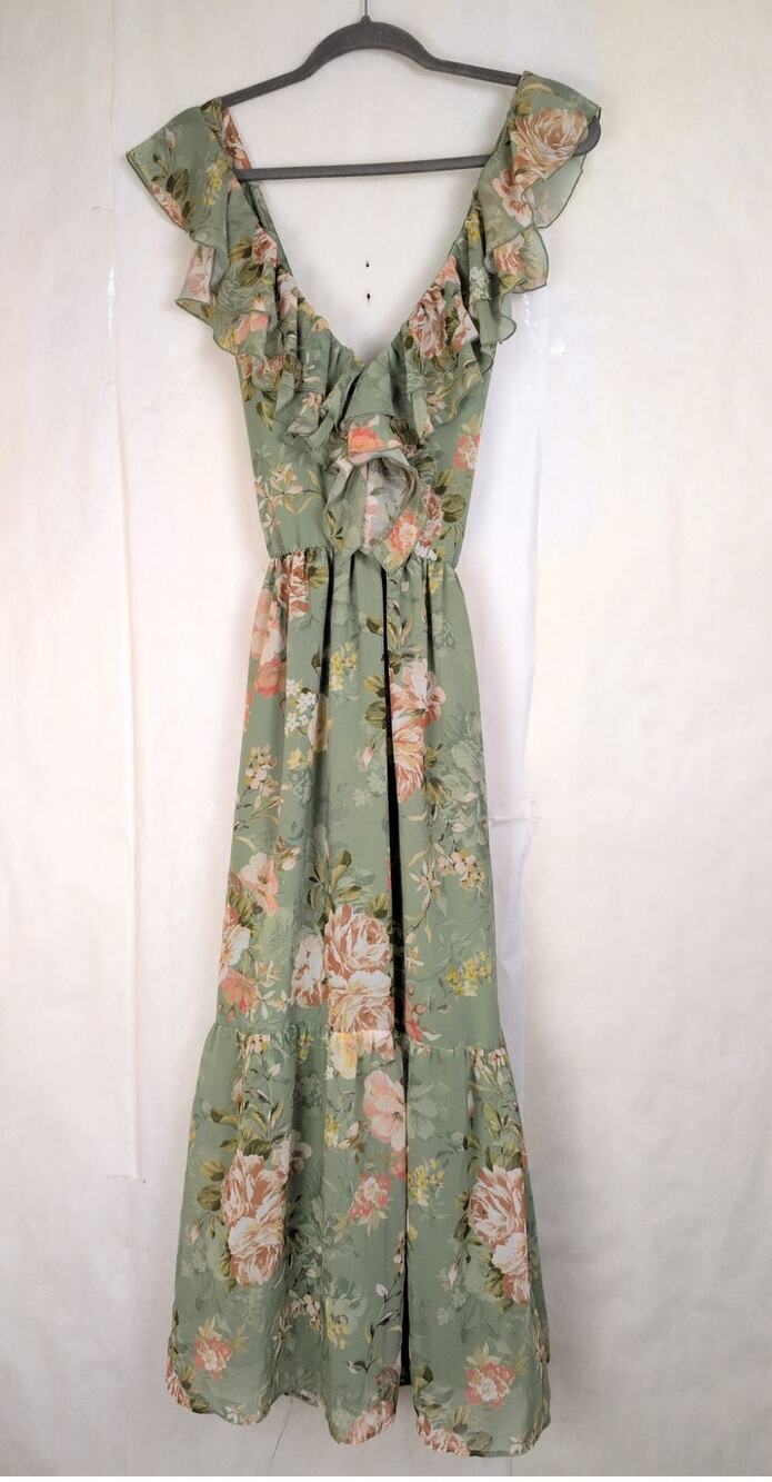 New Zara green floral ruffled midi dress Size Small Cottagecore Romantic Boho